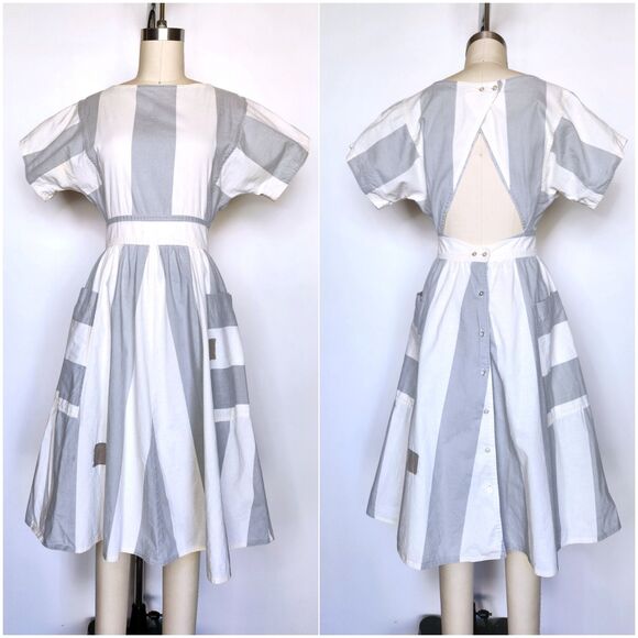 50s Stripes Dress Large Pockets Button Down Back Mid Century Bombshell  XXS - Picture 2 of 10